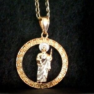 Tricolor  Saint Jude Pendant Necklace/Cuban Link GP Chain